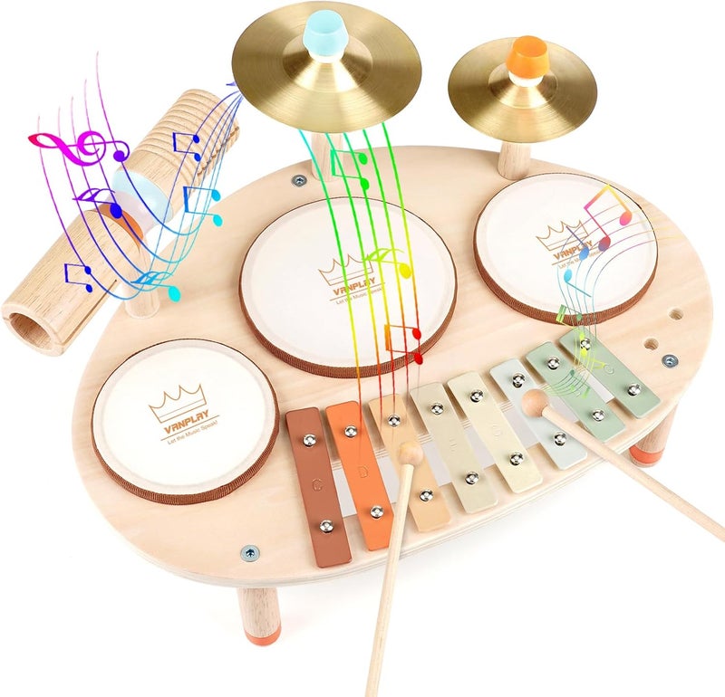 Vanplay Drum Set for Toddler - Toys for 2 3 4 Year Old Girls Boy Gifts - 9 in 1 Wooden Montessori Musical Instruments with Xylophone for Kids 3-5, Christmas Birthday Gifts for Toddlers 2-4 - Image 1